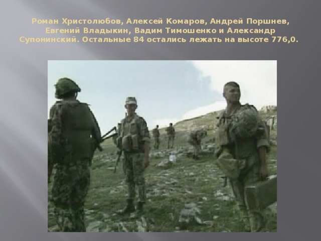 Роман Христолюбов, Алексей Комаров, Андрей Поршнев, Евгений Владыкин, Вадим Тимошенко и Александр Супонинский. Остальные 84 остались лежать на высоте 776,0. 