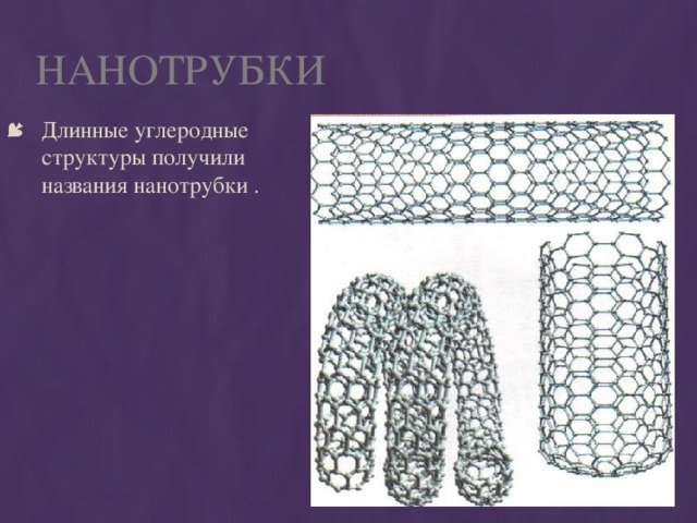 Нанотрубки Длинные углеродные структуры получили названия нанотрубки . 