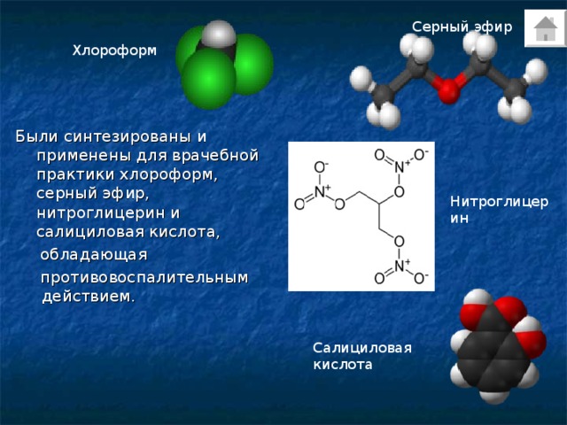 Серный эфир Хлороформ Были синтезированы и применены для врачебной практики хлороформ, серный эфир, нитроглицерин и салициловая кислота,  обладающая  противовоспалительным действием. Нитроглицерин Салициловая кислота 