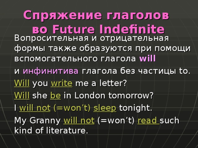 Спряжение глаголов  во Future Indefinite  Вопросительная и отрицательная формы также образуются при помощи вспомогательного глагола will   и инфинитива глагола без частицы to .  Will you write me a letter?  Will she be in London tomorrow?  I will not  (=won’t)  sleep tonight.  My Granny will not (=won’t) read such kind of literature. 