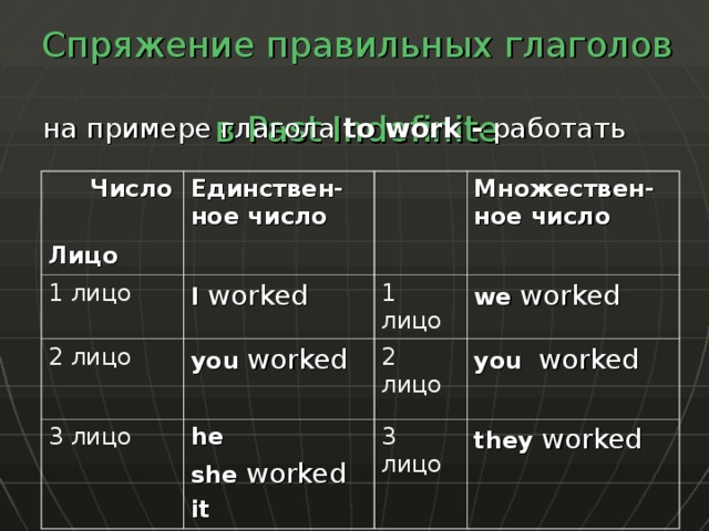 Спряжение правильных глаголов  в Past Indefinite на примере глагола to work - работать  Число  Лицо Единствен - ное число 1 лицо I  worked 2 лицо 3 лицо Множествен - ное число 1 лицо you  worked he she worked it we worked 2 лицо you worked 3 лицо they worked 