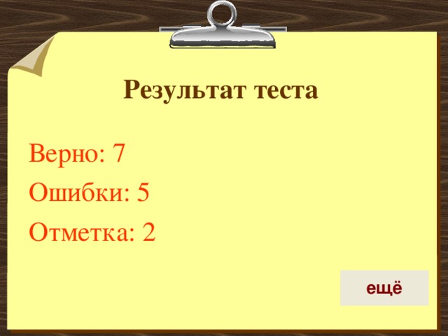 Результат теста Верно: 7 Ошибки: 5 Отметка: 2 