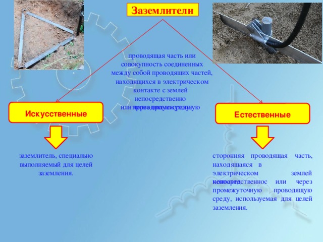 Заземлители пр о в о дящая  часть  и л и со в о к у пн о сть  с о е диненн ы х между  соб о й  пр о в о дящ и х  частей, на х о дящ и х ся  в  э л е к т рич е с к о м к он т а к те  с зем л ей  н е п о ср е дст в е н но и л и  чер е з  п р о меж у т о чн у ю пр о в о дящ у ю  ср е д у . Иск у сс т в енные Е с т е с т в енные пр о в о дящ а я  ч а сть, зазем л ите л ь,  спе ц и а льно вып о л н яе м ый  для  це л ей за з е мл е н и я . с т оро н н я я на х о д я щ а я с я  в  э л е к т ри ч е с к о м к он т а к те  с зем л е й чер е з н е п о с р е дст в ен но   ил и пр о меж у т о ч н ую  пр о в о дящую ср е д у ,   ис п о ль з у е м ая   для   ц е лей зазем л ения . 