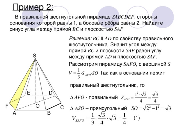 Пример 2: В правильной шестиугольной пирамиде SABCDEF , стороны основания которой равны 1, а боковые рёбра равны 2. Найдите синус угла между прямой BC и плоскостью SAF Решение: BC || AD по свойству правильного шестиугольника. Значит угол между прямой BC и плоскости SAF равен углу между прямой AD и плоскостью SAF . Рассмотрим пирамиду SAFO , с вершиной S  S   Так как в основании лежит правильный шестиугольник, то ∆  AFO - правильный ∆  ASO – прямоугольный E D F O C B A (1) 