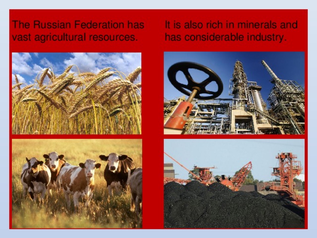 The Russian Federation has vast agricultural resources. It is also rich in minerals and has considerable industry. 