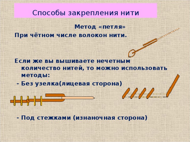 Способы закрепления нити  Метод «петля» При чётном числе волокон нити. Если же вы вышиваете нечетным количество нитей, то можно использовать методы:  - Без узелка(лицевая сторона)     - Под стежками (изнаночная сторона)    