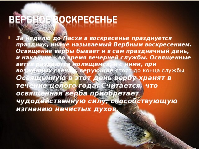 За неделю до Пасхи в воскресенье празднуется праздник, иначе называемый Вербным воскресением. Освящение вербы бывает и в сам праздничный день, и накануне - во время вечерней службы. Освященные ветви раздаются молящимся, и с ними, при возжённых свечах, верующие стоят до конца службы. Освященную в этот день вербу хранят в течение целого года. Считается, что освященная верба приобретает чудодейственную силу, способствующую изгнанию нечистых духов. 