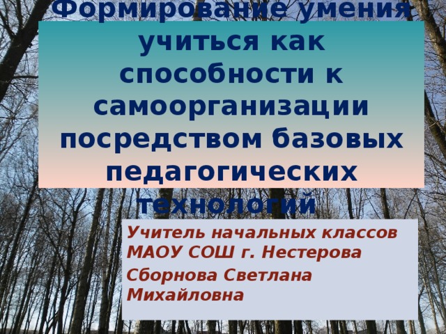 Формирование умения учиться как способности к самоорганизации посредством базовых педагогических технологий Учитель начальных классов МАОУ СОШ г. Нестерова Сборнова Светлана Михайловна  