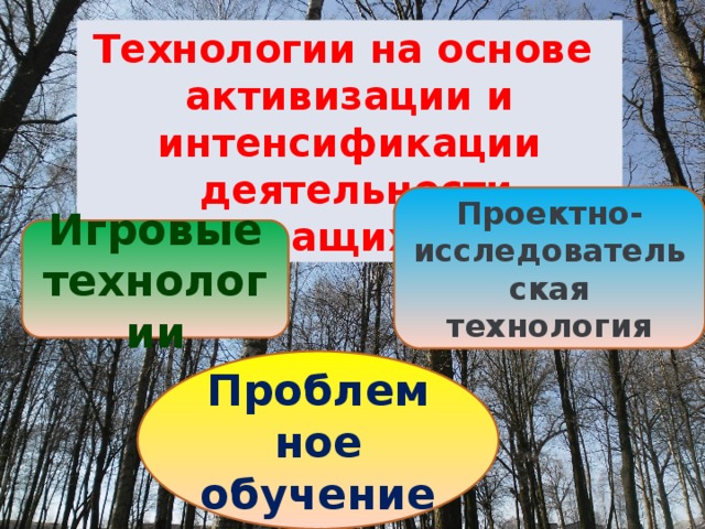 Технологии на основе активизации и интенсификации  деятельности учащихся Проектно-исследовательская технология Игровые технологии Проблемное обучение 