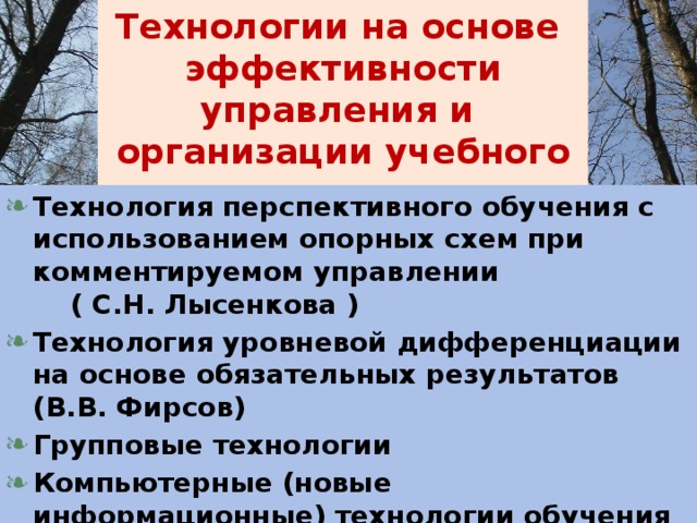 Технологии на основе эффективности управления и организации учебного процесса Технология перспективного обучения с использованием опорных схем при комментируемом управлении ( С.Н. Лысенкова ) Технология уровневой дифференциации на основе обязательных результатов (В.В. Фирсов) Групповые технологии Компьютерные (новые информационные) технологии обучения 