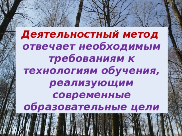 Деятельностный метод отвечает необходимым требованиям к технологиям обучения, реализующим современные образовательные цели 