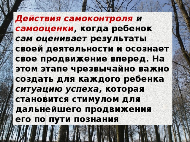 Действия самоконтроля и самооценки , когда ребенок сам оценивает результаты своей деятельности и осознает свое продвижение вперед. На этом этапе чрезвычайно важно создать для каждого ребенка ситуацию успеха , которая становится стимулом для дальнейшего продвижения его по пути познания 