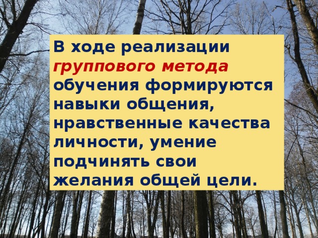 В ходе реализации группового метода обучения формируются навыки общения, нравственные качества личности, умение подчинять свои желания общей цели. 