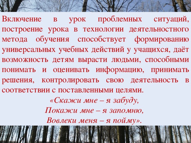 Включение в урок проблемных ситуаций, построение урока в технологии деятельностного метода обучения способствует формированию универсальных учебных действий у учащихся, даёт возможность детям вырасти людьми, способными понимать и оценивать информацию, принимать решения, контролировать свою деятельность в соответствии с поставленными целями. «Скажи мне – я забуду,  Покажи мне – я запомню,  Вовлеки меня – я пойму». 