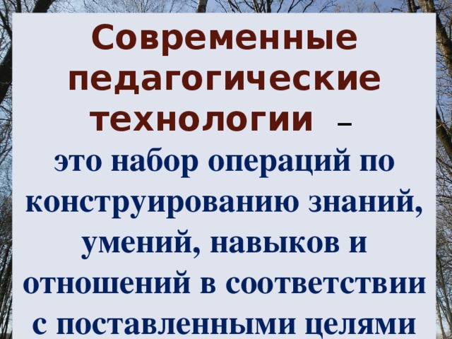 Современные педагогические технологии – это набор операций по конструированию знаний, умений, навыков и отношений в соответствии с поставленными целями 