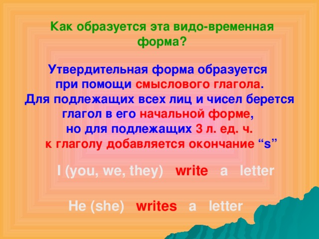 Как образуется эта видо-временная форма? Утвердительная форма образуется при помощи смыслового глагола . Для подлежащих всех лиц и чисел берется глагол в его начальной форме , но для подлежащих 3 л. ед. ч.  к глаголу добавляется окончание “s” I (you, we, they) write a letter He (she) writes a letter 