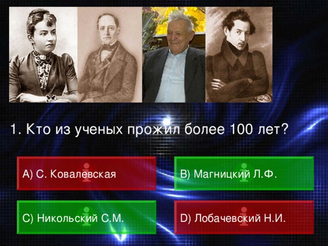 ВОПРОС 1.  Кто из ученых прожил более 100 лет? A) С. Ковалевская B) Магницкий Л.Ф. C) Никольский С.М. D) Лобачевский Н.И. 