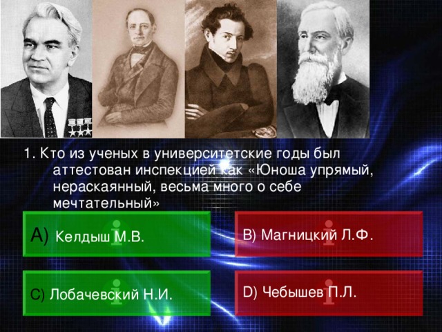 1. Кто из ученых в университетские годы был аттестован инспекцией как «Юноша упрямый, нераскаянный, весьма много о себе мечтательный»  Келдыш М.В. B) Магницкий Л.Ф. C) Лобачевский Н.И. D) Чебышев П.Л. 