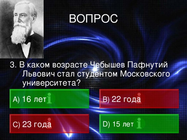 ВОПРОС 3. В каком возрасте Чебышев Пафнутий Львович стал студентом Московского университета? A)  16 лет B)  22 года C) 23 года D) 15 лет 