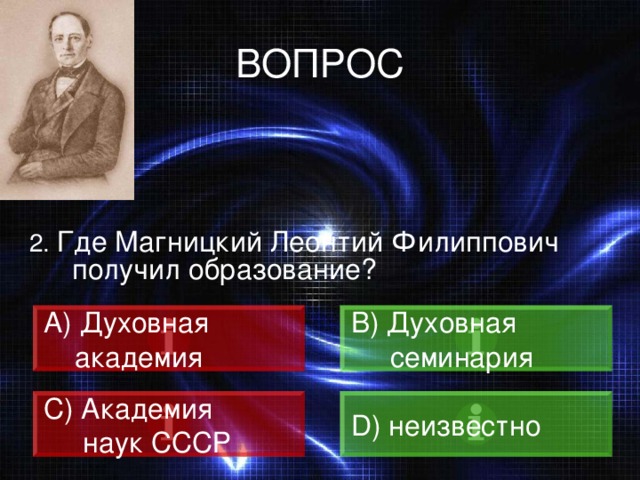 ВОПРОС 2. Где Магницкий Леонтий Филиппович получил образование?  Духовная B) Духовная  семинария  академия C) Академия  наук СССР D) неизвестно 