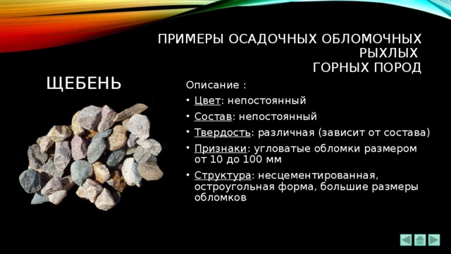 ПРИМЕРЫ ОСАДОЧНЫХ ОБЛОМОЧНЫХ РЫХЛЫХ  ГОРНЫХ ПОРОД щебень Описание : Цвет : непостоянный Состав : непостоянный Твердость : различная (зависит от состава) Признаки : угловатые обломки размером от 10 до 100 мм Структура : несцементированная, остроугольная форма, большие размеры обломков 