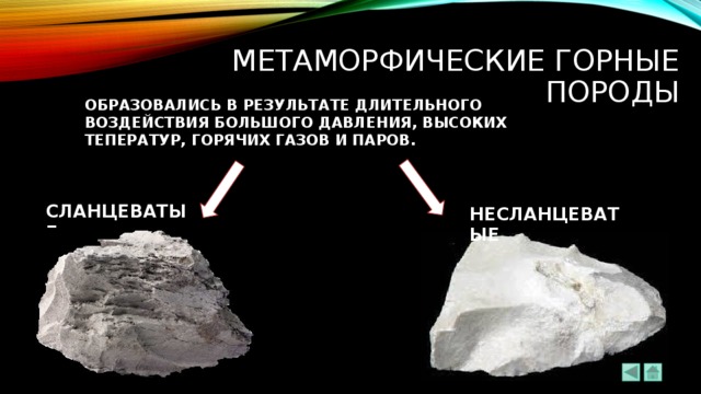 метаморфические ГОРНЫЕ ПОРОДЫ ОБРАЗОВАЛИСЬ В РЕЗУЛЬТАТЕ ДЛИТЕЛЬНОГО ВОЗДЕЙСТВИЯ БОЛЬШОГО ДАВЛЕНИЯ, ВЫСОКИХ ТЕПЕРАТУР, ГОРЯЧИХ ГАЗОВ И ПАРОВ. СЛАНЦЕВАТЫЕ НЕСЛАНЦЕВАТЫЕ 