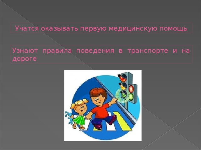 Учатся оказывать первую медицинскую помощь Узнают правила поведения в транспорте и на дороге 