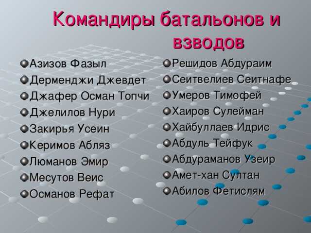 Командиры батальонов и  взводов Азизов Фазыл Дерменджи Джевдет Джафер Осман Топчи Джелилов Нури Закирья Усеин Керимов Абляз Люманов Эмир Месутов Веис Османов Рефат Решидов Абдураим Сеитвелиев Сеитнафе Умеров Тимофей Хаиров Сулейман Хайбуллаев Идрис Абдуль Тейфук Абдураманов Узеир Амет-хан Султан Абилов Фетислям  