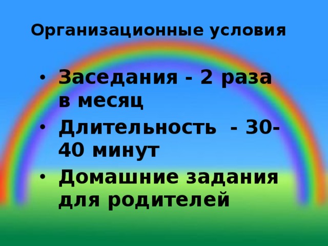Организационные условия   Заседания - 2 раза в месяц Длительность - 30-40 минут Домашние задания для родителей  