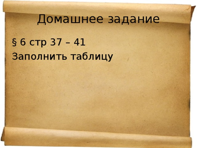 Домашнее задание § 6 стр 37 – 41 Заполнить таблицу 
