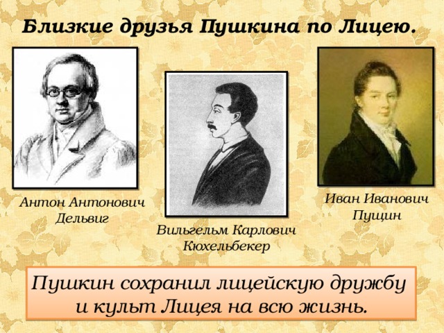 Близкие друзья Пушкина по Лицею. Иван Иванович Пущин Антон Антонович Дельвиг Вильгельм Карлович Кюхельбекер Пушкин сохранил лицейскую дружбу и культ Лицея на всю жизнь. 
