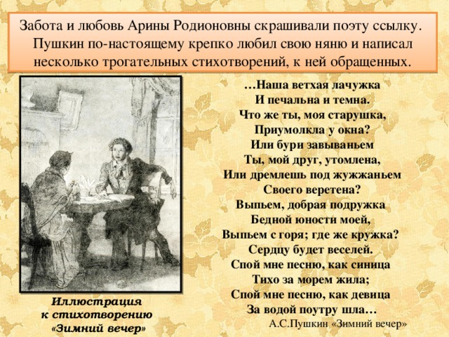 Забота и любовь Арины Родионовны скрашивали поэту ссылку. Пушкин по-настоящему крепко любил свою няню и написал несколько трогательных стихотворений, к ней обращенных. … Наша ветхая лачужка И печальна и темна. Что же ты, моя старушка, Приумолкла у окна? Или бури завываньем Ты, мой друг, утомлена, Или дремлешь под жужжаньем Своего веретена? Выпьем, добрая подружка Бедной юности моей, Выпьем с горя; где же кружка? Сердцу будет веселей. Спой мне песню, как синица Тихо за морем жила; Спой мне песню, как девица За водой поутру шла…  А.С.Пушкин «Зимний вечер» Иллюстрация к стихотворению «Зимний вечер» 