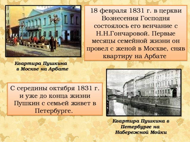 18 февраля 1831 г. в церкви Вознесения Господня состоялось его венчание с Н.Н.Гончаровой. Первые месяцы семейной жизни он провел с женой в Москве, сняв квартиру на Арбате Квартира Пушкина в Москве на Арбате С середины октября 1831 г. и уже до конца жизни Пушкин с семьей живет в Петербурге. Квартира Пушкина в Петербурге на Набережной Мойки 