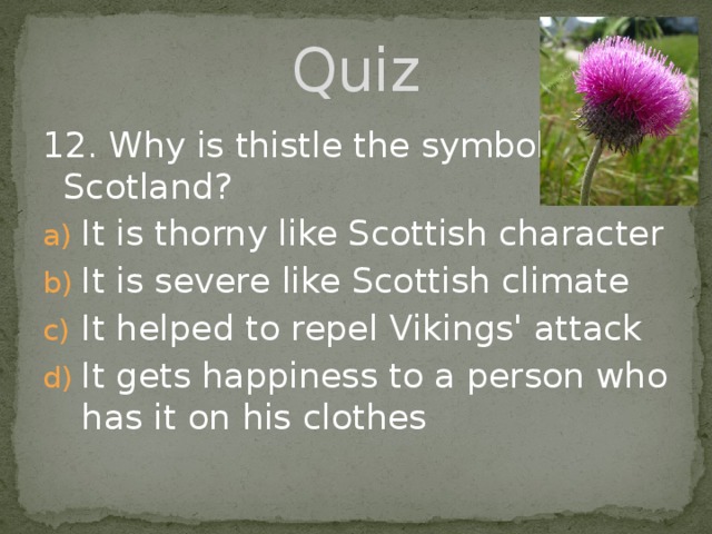 Quiz 12. Why is thistle the symbol of Scotland? It is thorny like Scottish character It is severe like Scottish climate It helped to repel Vikings' attack It gets happiness to a person who has it on his clothes 