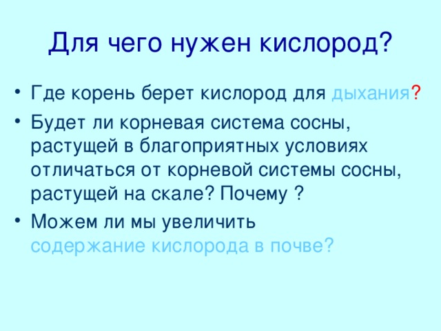 Для чего нужен кислород? Где корень берет кислород для дыхания ? Будет ли корневая система сосны, растущей в благоприятных условиях отличаться от корневой системы сосны, растущей на скале? Почему ? Можем ли мы увеличить содержание кислорода в почве? 24.02.17 МОУ 