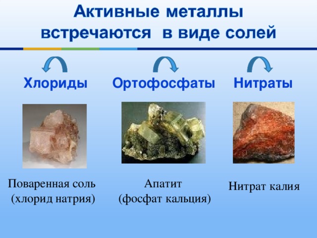 Хлориды Ортофосфаты  Нитраты Поваре нн ая соль (хлорид натрия) Апатит (фосфат кальция) Нитрат калия 