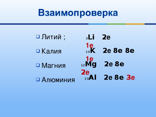 3 Li 2 е 1е Литий ; Калия Магния Алюминия 19 K 2 е 8e 8e 1е 12 Mg 2 е 8e 2 е 13 Al 2 е 8e 3 е 
