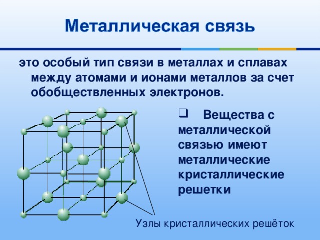 это особый тип связи в металлах и сплавах между атомами и ионами металлов за счет обобществленных электронов.  Вещества с металлической связью имеют металлические кристаллические решетки Узлы кристаллических решёток  
