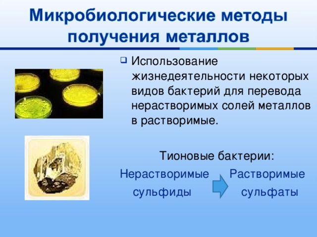 Использование жизнедеятельности некоторых видов бактерий для перевода нерастворимых солей металлов в растворимые. Тионовые бактерии: Нерастворимые Растворимые  сульфиды сульфаты 