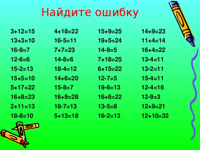 Найдите ошибку 3+12=15 4+18=22 13+3=10 15+9=25 16-5=11 16-9=7 12-6=6 14+9=23 19+5=24 7+7=23 15-2=13 14-8=6 14-9=5 11+4=14 16+4=22 7+18=25 18-4=12 15+5=10 13-4=11 6+15=22 14+6=20 5+17=22 13-2=11 12-7=5 15-8=7 16+8=23 15-4=11 19-6=13 16+9=28 2+11=13 18-8=10 12-4=16 16+6=22 18-7=13 5+13=18 12-9=3 13-5=8 12+9=21 16-2=13 12+10=32 