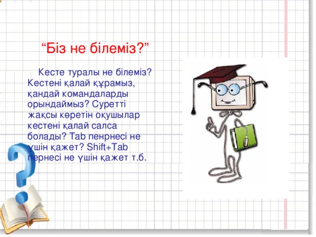 “ Біз не білеміз?”  Кесте туралы не білеміз? Кестені қалай құрамыз, қандай командаларды орындаймыз? Суретті жақсы көретін оқушылар кестені қалай салса болады? Tab пенрнесі не үшін қажет? Shift+Tab   пернесі не үшін қажет т.б. 