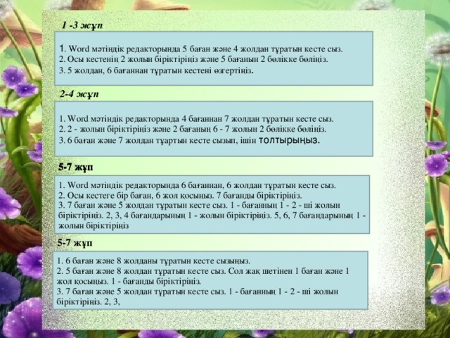 1 -3 жұп 1 . Word мәтіндік редакторында 5 баған және 4 жолдан тұратын кесте сыз.  2. Осы кестенің 2 жолын біріктіріңіз және 5 бағанын 2 бөлікке бөліңіз.  3. 5 жолдан, 6 бағаннан тұратын кестені өзгертіңіз .  2-4 жұп 1. Word мәтіндік редакторында 4 бағаннан 7 жолдан тұратын кесте сыз.  2. 2 - жолын біріктіріңіз және 2 бағаның 6 - 7 жолын 2 бөлікке бөліңіз.  3. 6 баған және 7 жолдан тұартын кесте сызып, ішін толтырыңыз. 5-7 жұп 5-7 жұп 1. Word мәтіндік редакторында 6 бағаннан, 6 жолдан тұратын кесте сыз.  2. Осы кестеге бір баған, 6 жол қосыңыз. 7 бағанды біріктіріңіз.  3. 7 баған және 5 жолдан тұратын кесте сыз. 1 - бағанның 1 - 2 - ші жолын біріктіріңіз. 2, 3, 4 бағандарының 1 - жолын біріктіріңіз. 5, 6, 7 бағандарының 1 - жолын біріктіріңіз   5-7 жұп 1. 6 баған және 8 жолданы тұратын кесте сызыңыз.  2. 5 баған және 8 жолдан тұратын кесте сыз. Сол жақ шетінен 1 баған және 1 жол қосыңыз. 1 - бағанды біріктіріңіз.  3. 7 баған және 5 жолдан тұратын кесте сыз. 1 - бағанның 1 - 2 - ші жолын біріктіріңіз. 2, 3,   