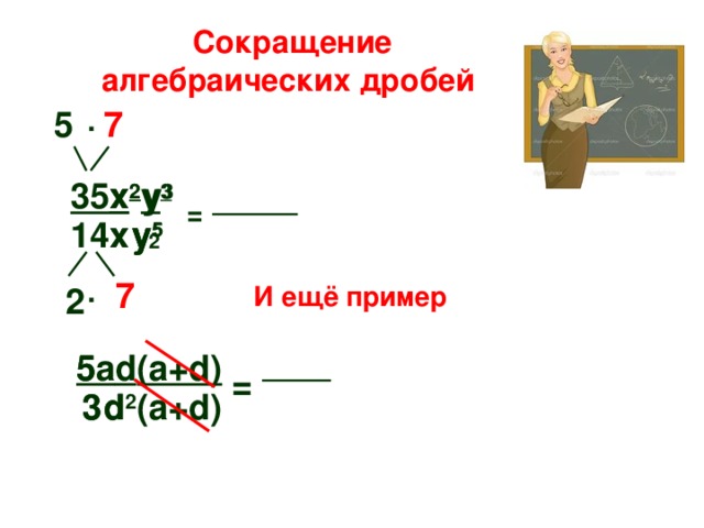  Сокращение алгебраических дробей 5 7 ∙ х 35х 2 у 3 х 2 у 3 = y 5 y у 14х у х 5 2 ∙ 7 2 И ещё пример 5a 5 (a+d) d = (a+d) 3 3 d 2 d 