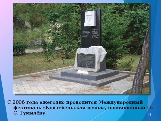 С 2006 года ежегодно проводится Международный фестиваль «Коктебельская весна», посвящённый Н. С. Гумилёву.  