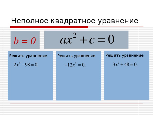 Неполное квадратное уравнение b = 0 Решить уравнение Решить уравнение Решить уравнение 