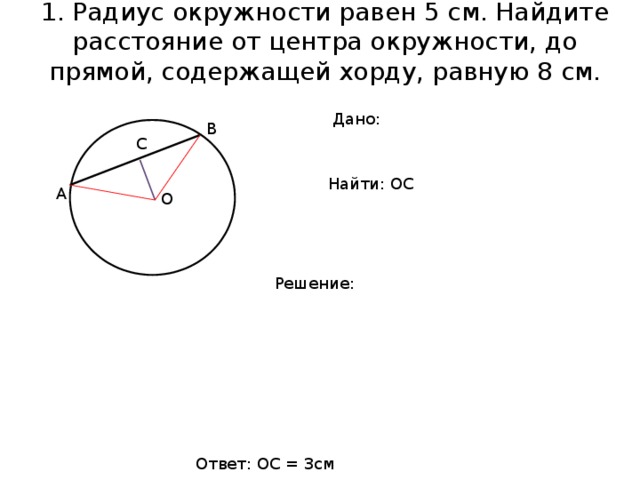 1. Радиус окружности равен 5 см. Найдите расстояние от центра окружности, до прямой, содержащей хорду, равную 8 см. Дано: В ОО С Найти: ОС А О Решение: Ответ: ОС = 3см 