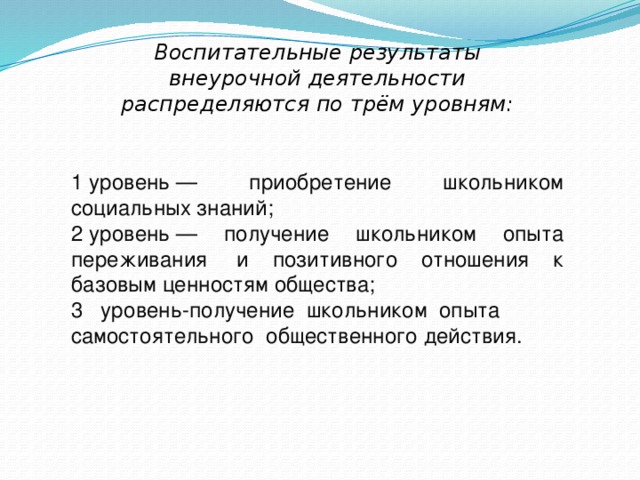 Воспитательные результаты внеурочной деятельности распределяются по трём уровням:    1 уровень — приобретение школьником социальных знаний; 2 уровень — получение школьником опыта переживания  и позитивного отношения к базовым ценностям общества; 3 уровень-получение  школьником  опыта   самостоятельного  общественного действия. 