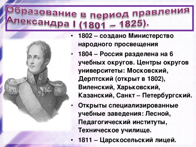1802 – создано Министерство народного просвещения 1804 – Россия разделена на 6 учебных округов. Центры округов университеты: Московский, Дерптский (открыт в 1802), Виленский, Харьковский, Казанский, Санкт – Петербургский. Открыты специализированные учебные заведения: Лесной, Педагогический институты, Техническое училище. 1811 – Царскосельский лицей. 