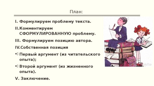 План: Формулируем проблему текста. Комментируем СФОРМУЛИРОВАННУЮ проблему.  Формулируем позицию автора. Собственная позиция Первый аргумент (из читательского опыта); Второй аргумент (из жизненного опыта). V. Заключение.  