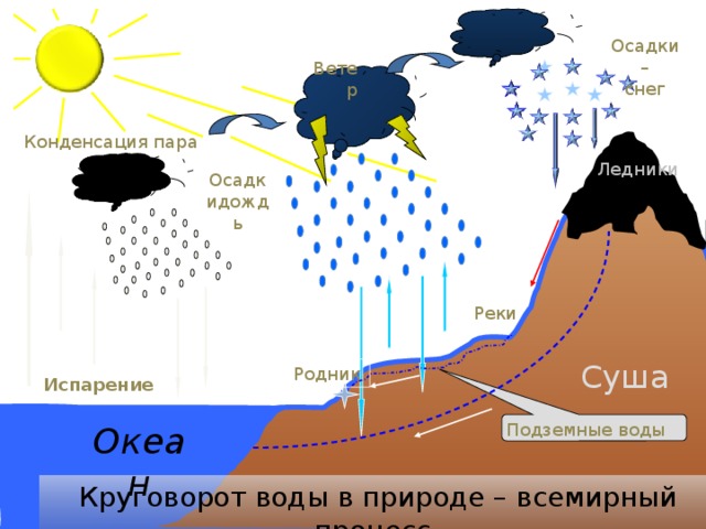 Осадки – снег Ветер Конденсация пара Ледники Осадкидождь Реки Суша Родник Испарение Океан Подземные воды  Круговорот воды в природе – всемирный процесс 